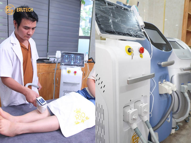 Kỹ thuật viên Erutech đang triệt lông chân cho khách hàng tại địa chỉ triệt lông mọc ngược uy tín với máy Rio hiện đại.
