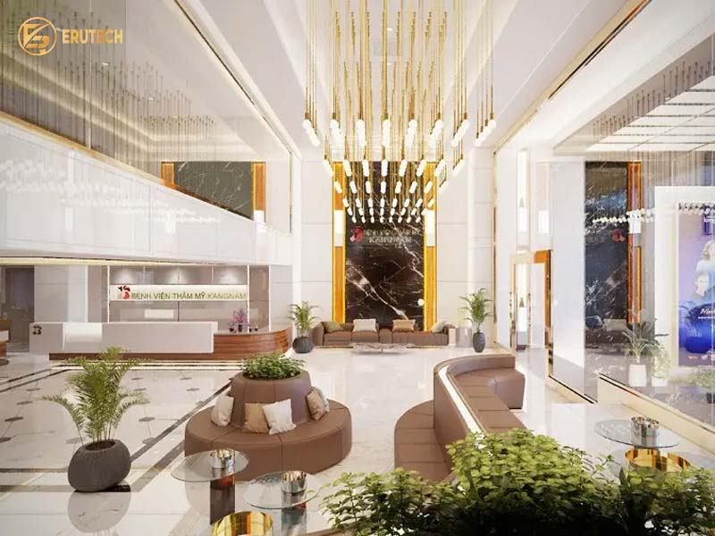 Sảnh đón tiếp Bệnh viện Thẩm mỹ Kangnam là địa chỉ triệt lông mọc ngược sang trọng kết hợp cùng công nghệ Erutech.