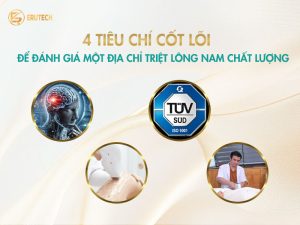 Hình ảnh Erutech tổng hợp 4 tiêu chí cốt lõi giúp nam giới lựa chọn địa chỉ triệt lông nam uy tín và chất lượng qua các biểu tượng công nghệ, chứng nhận quốc tế và bác sĩ chuyên khoa.