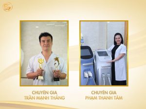 Hình ảnh chuyên gia Trần Mạnh Thắng cầm cúp và Phạm Thanh Tâm giới thiệu máy laser tại một địa chỉ điêu khắc chân mày uy tín với dịch vụ chuyên nghiệp.