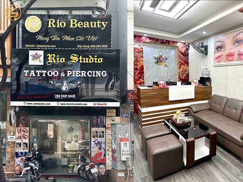 Không gian và biển hiệu cơ sở Rio Beauty tại 205 Thụy Khuê, địa chỉ học điêu khắc chân mày uy tín.