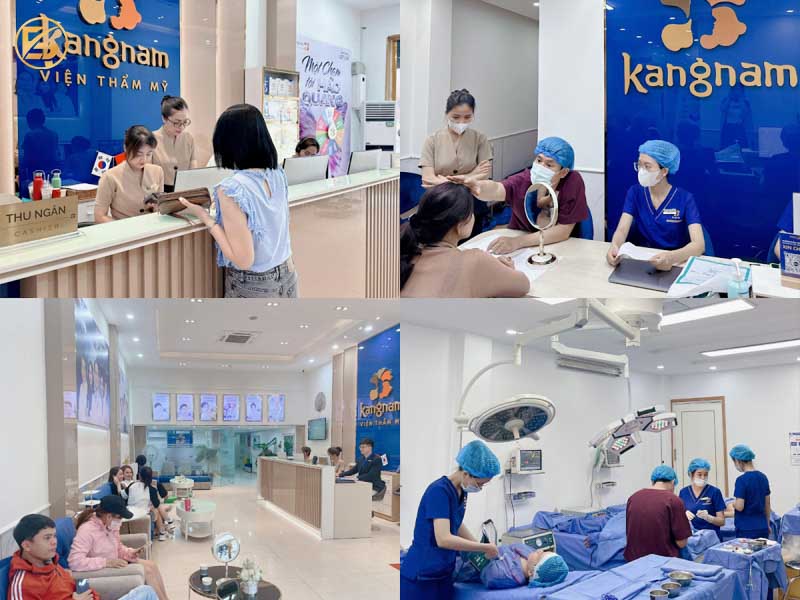 Hình ảnh không gian và đội ngũ tại thẩm mỹ viện Kangnam, địa chỉ phun môi ombre uy tín.