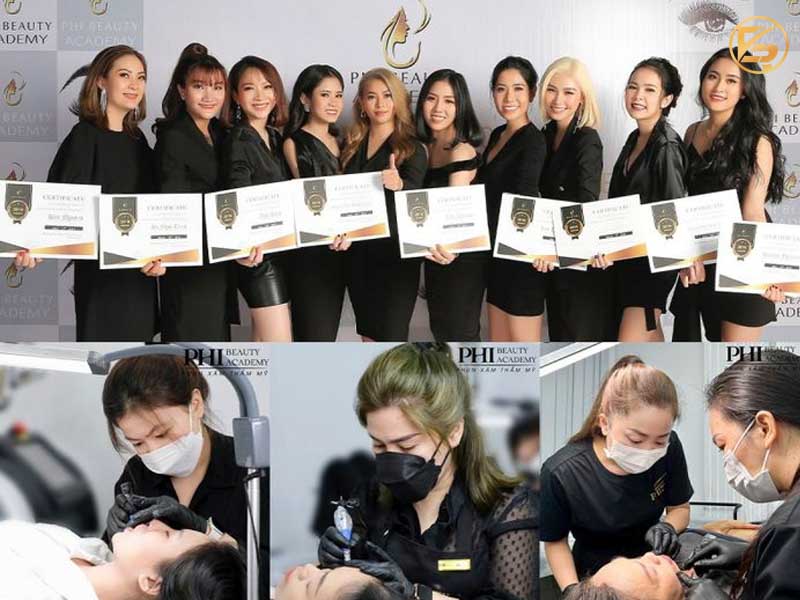 Học viên Phi Beauty Academy mặc trang phục đen sang trọng nhận chứng chỉ tốt nghiệp và hình ảnh thực hành phun xăm thẩm mỹ chuyên nghiệp.