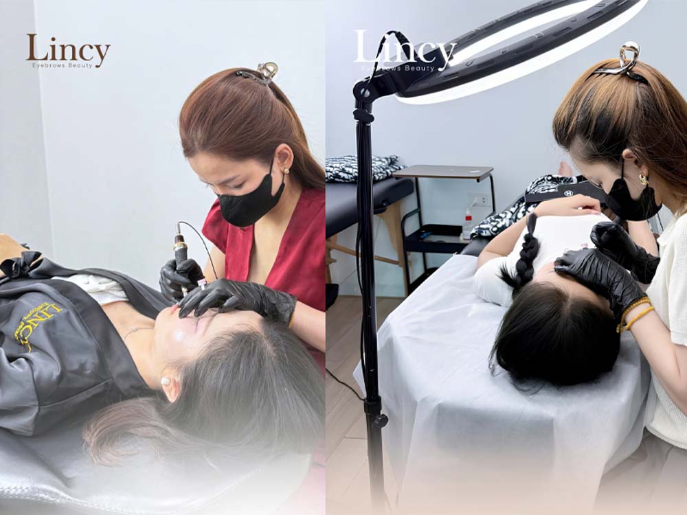 Chuyên viên tập trung đi kim mí mắt cho khách hàng tại Lincy Eyebrows Beauty – địa chỉ phun mí uy tín