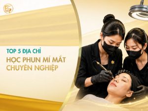 Hình ảnh hai chuyên viên đang thực hành tại một địa chỉ học phun mí mắt chuyên nghiệp.