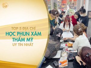Lớp học thực hành vây quanh giảng viên tại địa chỉ học phun xăm thẩm mỹ uy tín.
